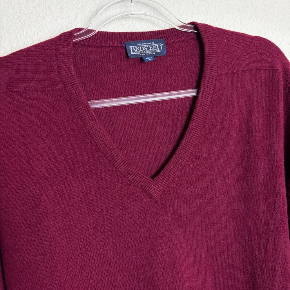 Lands End Mens Large Long 100% Cashmere V-Neck Sweater Burgundy Wine Red Raglan